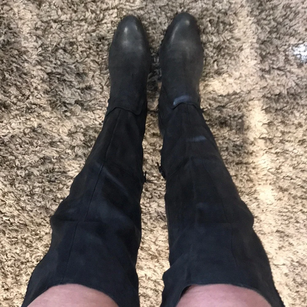 Free People Black Over-the-Knee Leather Block Heel Boots